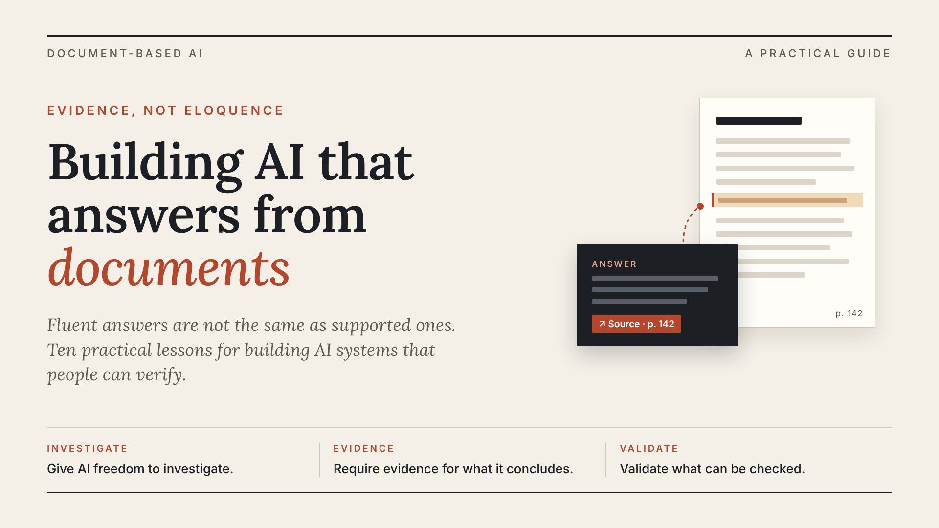 Cover: an answer card citing page 142 of a source document, with the words Investigate, Evidence, Validate.